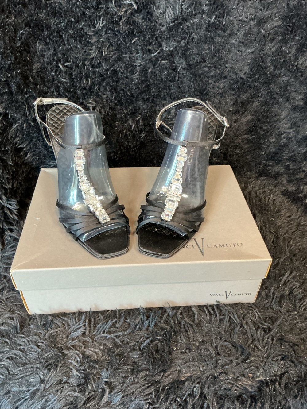 Vince Camuto Black Crystal T-Strap Heeled Sandals